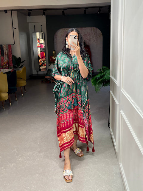 Green Color Digital Print With Gotta Patti Lace Border Gaji Silk Kaftan ClothsVilla.com Main image