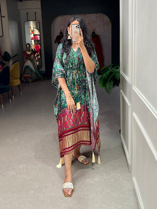 Green Color Digital Printed Gaji Silk Kaftan ClothsVilla