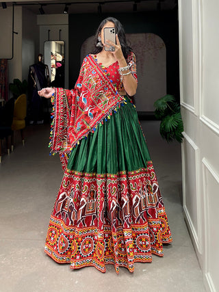 Green Color Patola Print With Gamthi Work And Mirror Work Dola Silk Chaniya Choli ClothsVilla.com