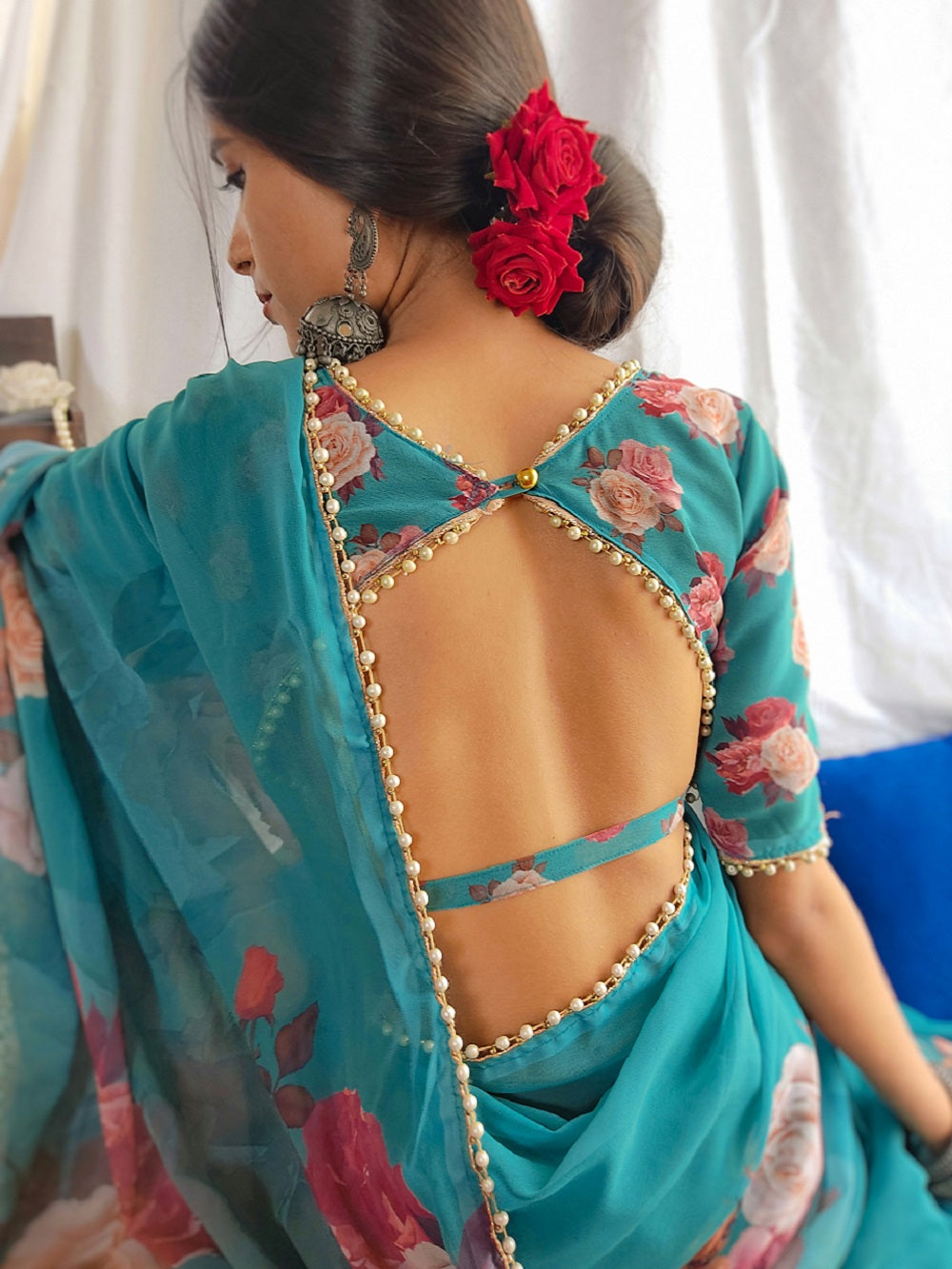 Green Color Printed With Pearl Lace Border Georgette Saree Clothsvilla