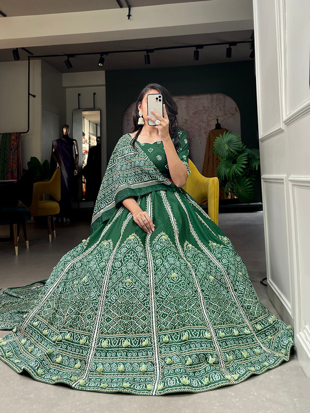 Green Color Bandhej Printed With Gota Patti Vaishali Silk Lehenga Choli ClothsVilla.com