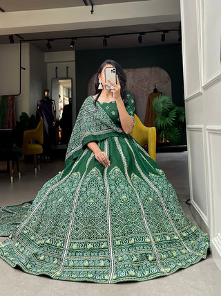 Green Color Bandhej Printed With Gota Patti Vaishali Silk Lehenga Choli ClothsVilla.com