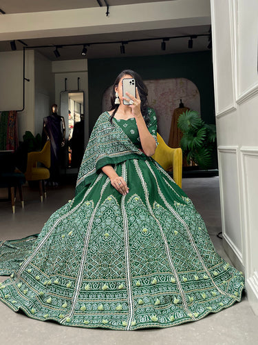 Green Color Bandhej Printed With Gota Patti Vaishali Silk Lehenga Choli ClothsVilla.com