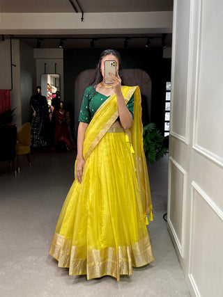 Yellow Color Zari Weaving Work Organza Lehenga Choli ClothsVilla.com