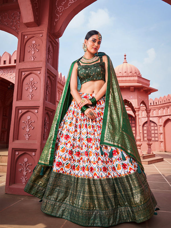 Green Color Patola Printed Dola Silk Lehenga Choli Clothsvilla