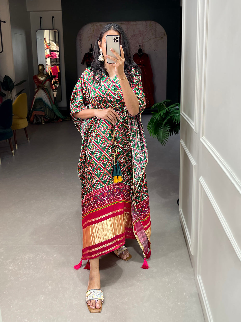 Green Color Ikkat Patola Printed Gaji Silk Kaftan ClothsVilla