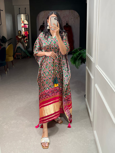 Green Color Ikkat Patola Printed Gaji Silk Kaftan ClothsVilla Main image