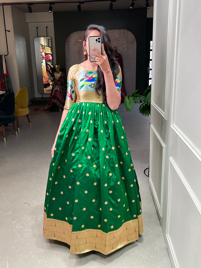 Green Color Weaving Zari Work Jacquard Silk Paithani Gown