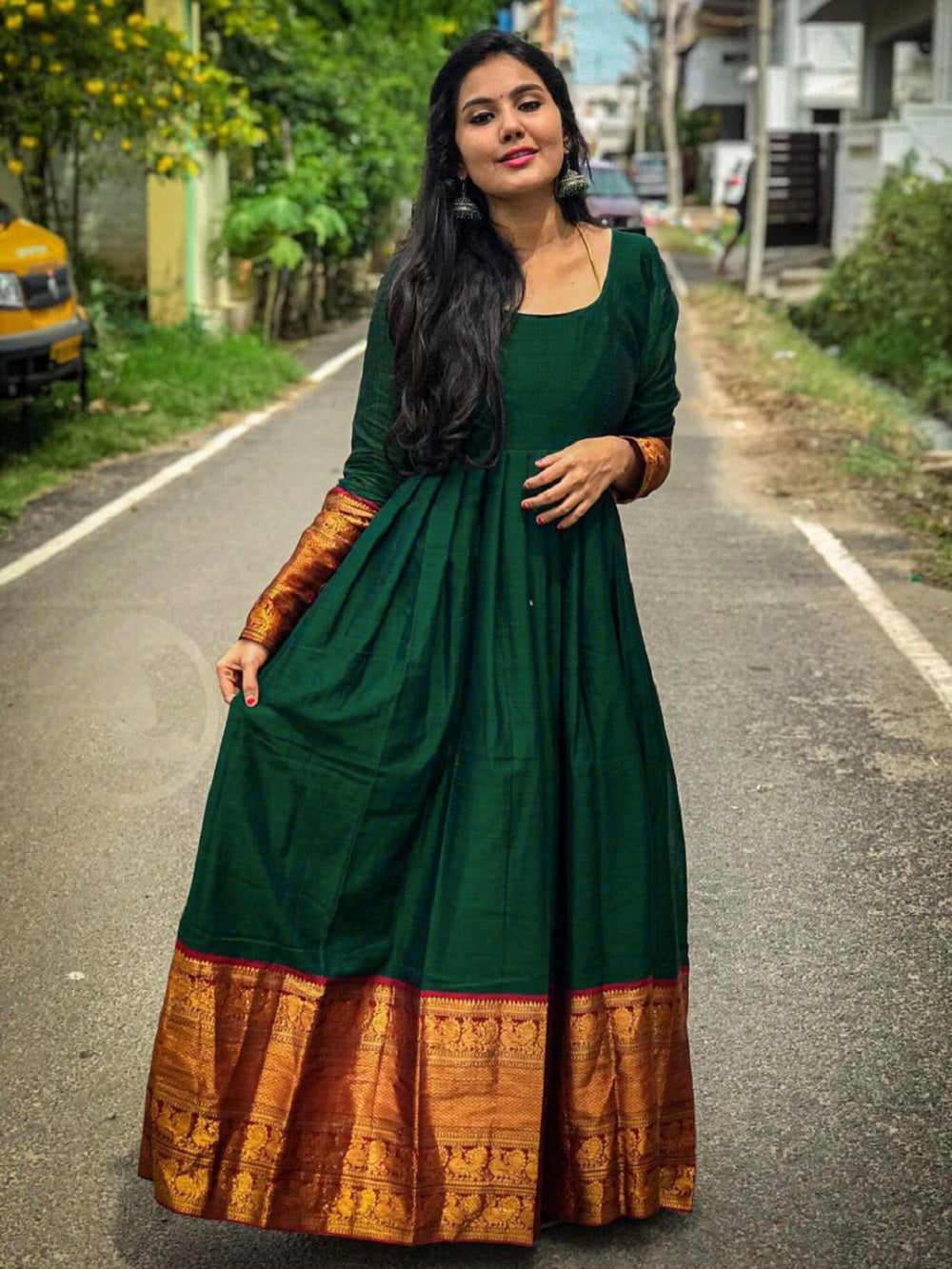 Green Color Weaving Zari Work Jacquard gown Clothsvilla