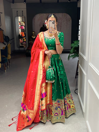 Green Color Weaving Zari Work jacquard Paithani Silk Lehenga Choli ClothsVilla.com