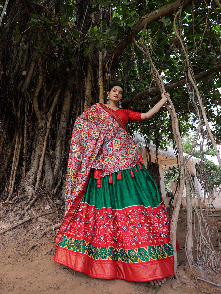 Green Color Printed With Foil Work Dola Silk Lehenga Choli Clothsvilla