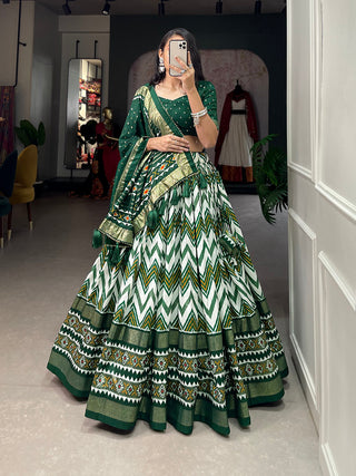Green Color Leheriya With Foil Work Tussar Silk Lehenga Choli ClothsVilla