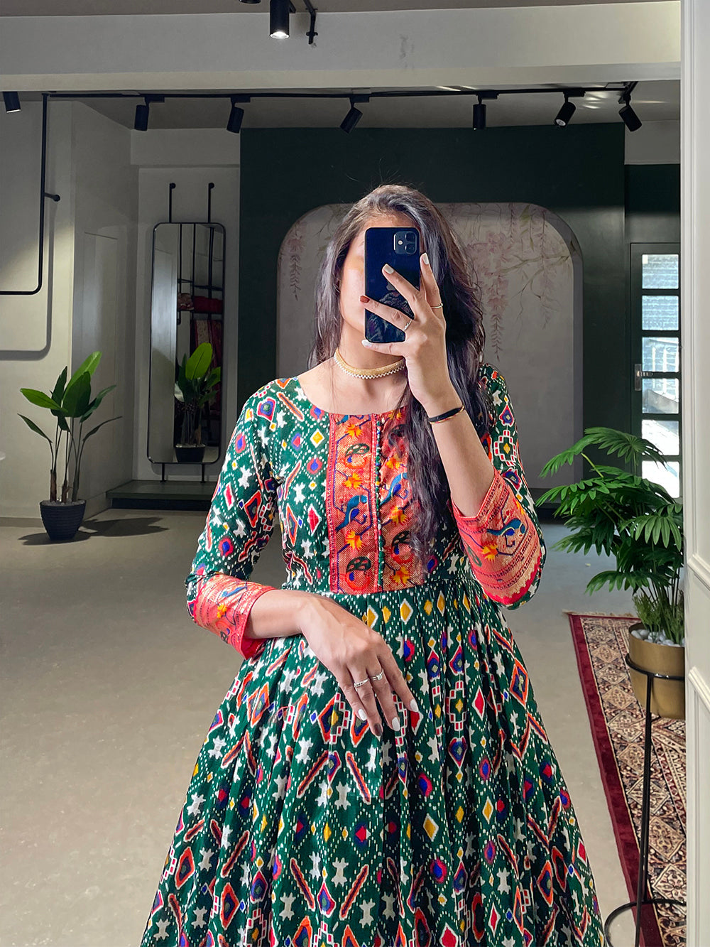 Green Color Patola Paithani Printed And Foil Printed Silk Gown Clothsvilla