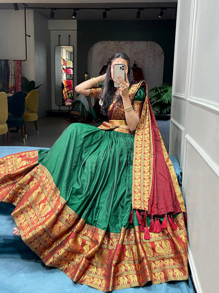 Green Color Zari Weaving Work Narayan Pet (Cotton) Half Saree Lehenga Choli ClothsVilla.com