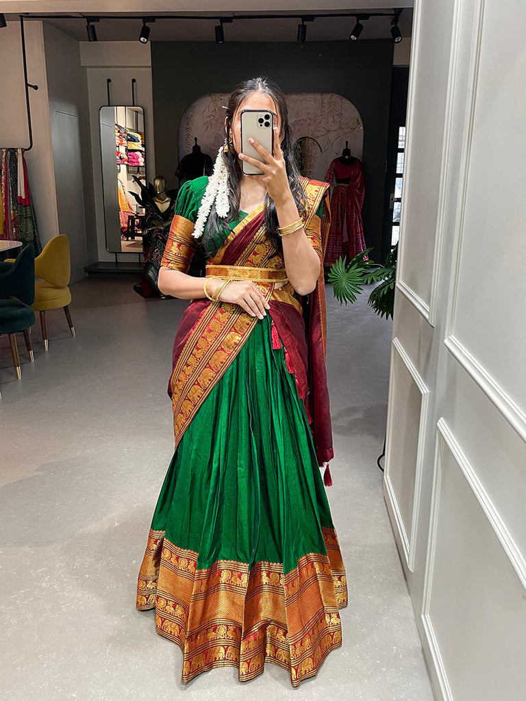 Green Color Zari Weaving Work Narayan Pet Cotton Half Saree Lehenga Clothsvilla