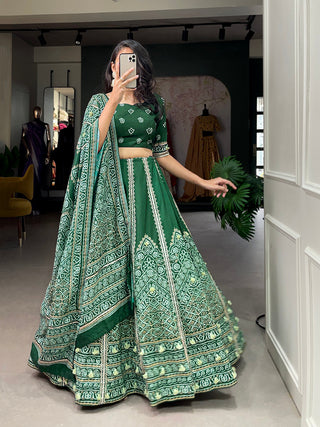 Green Color Bandhej Printed With Gota Patti Vaishali Silk Lehenga Choli ClothsVilla.com