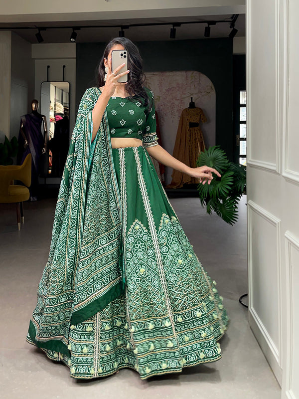 Green Color Bandhej Printed With Gota Patti Vaishali Silk Lehenga Choli ClothsVilla.com