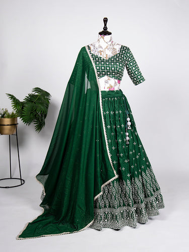 Green Color Sequins Embroidery Work Neem Silk Lehenga Choli ClothsVilla.com