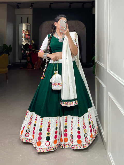 Green Color Embroidery Work With Original Mirror Work Cotton Lehenga Choli ClothsVilla Main image