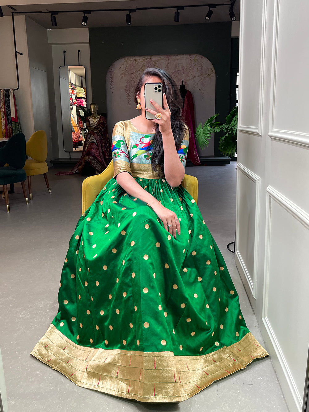 Green Color Weaving Zari Work Jacquard Silk Paithani Gown Clothsvilla