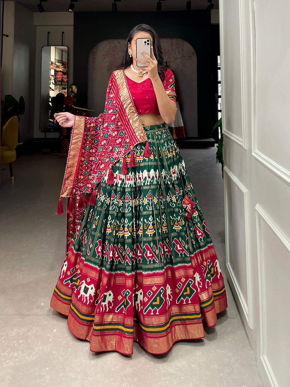 Green Color Patola Printed With Foil Work Tussar Silk Lehenga Choli ClothsVilla