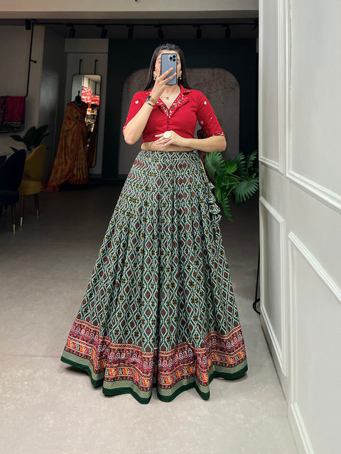 Green Color Patola With Foil Print Rayon Cotton Co-ord Set Lehenga Choli Clothsvilla Main image