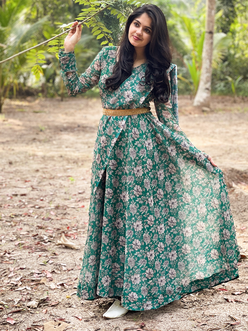 Green Color Digital Printed Georgette Gown Clothsvilla