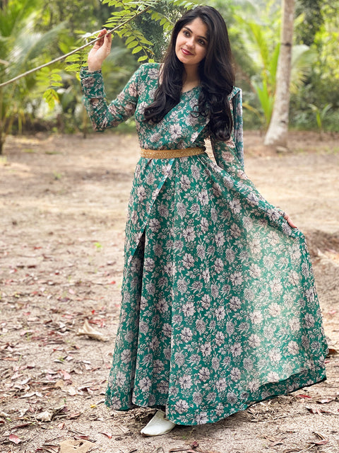Green Color Digital Printed Georgette Gown Clothsvilla Main image