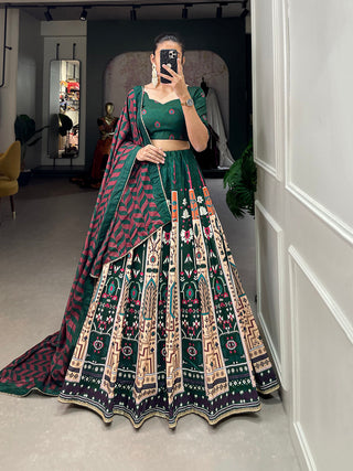 Green Color Printed With Lace Border Vaishali Silk Traditional Lehenga Choli Clothsvilla
