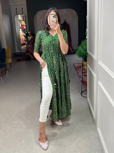 Green Color Foil and Printed Pure Cotton Kurti Clothsvilla Main image