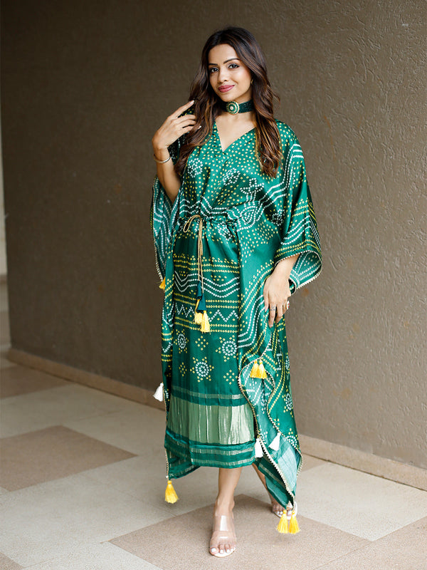 Green Color Digital Bandhej Printed Pure Gaji Silk Kaftan Clothsvilla