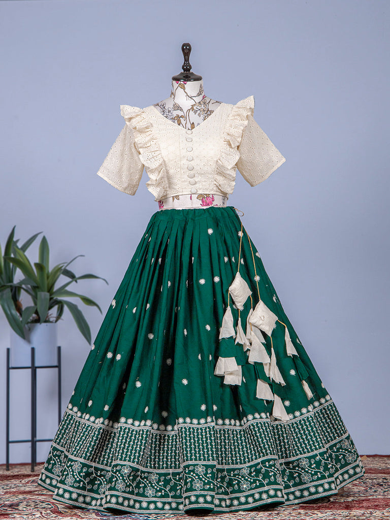 Green Color Sequins & Lucknowi Work Pure Cotton Two Piece Lehenga Choli Clothsvilla