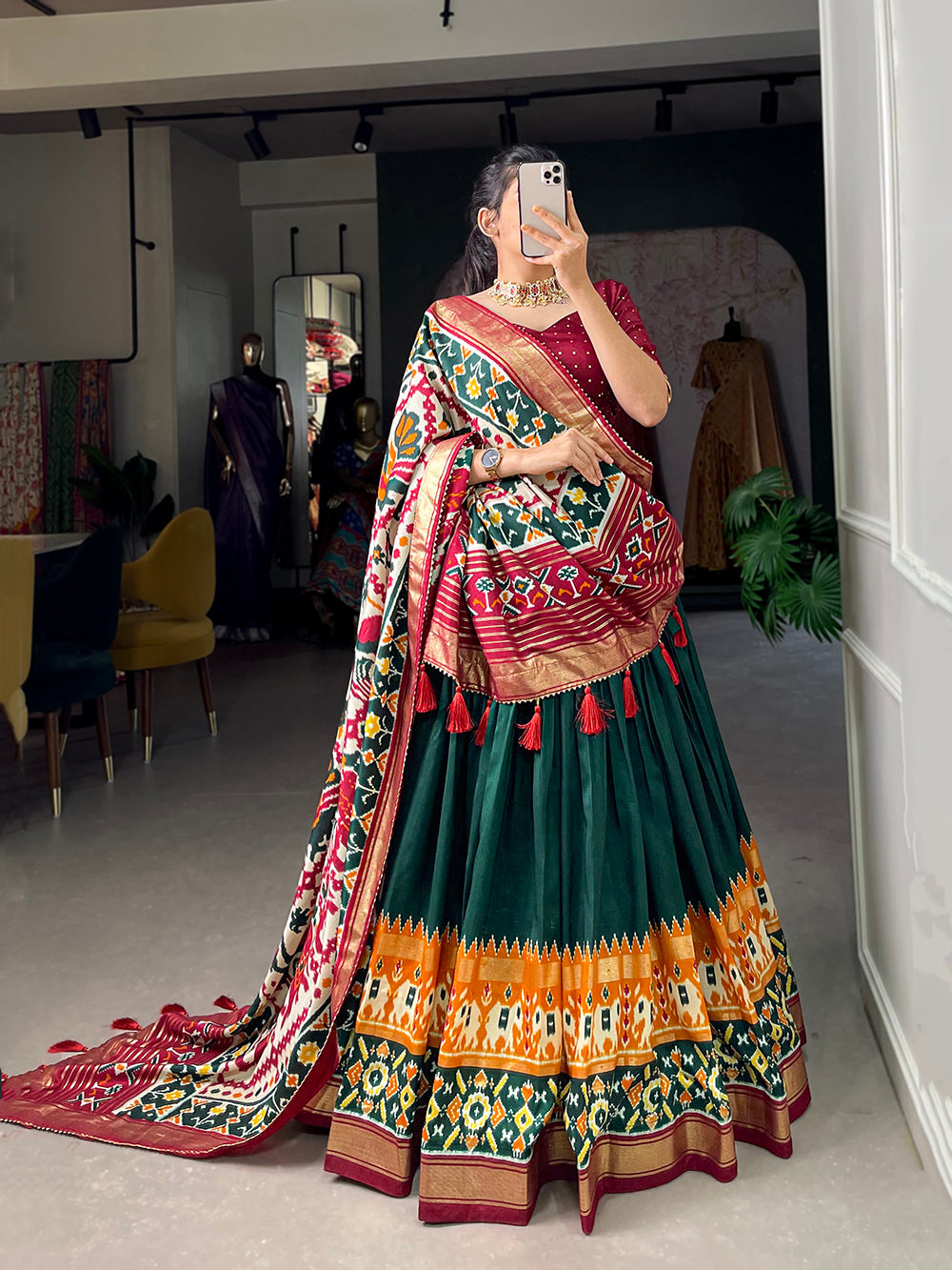 Green Color Patola Print With Foil Work Tussar Silk Lehenga Choli ClothsVilla