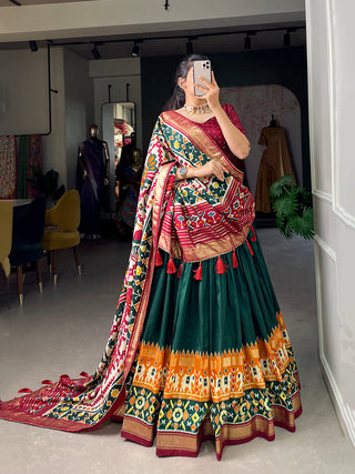 Green Color Patola Print With Foil Work Tussar Silk Lehenga Choli ClothsVilla