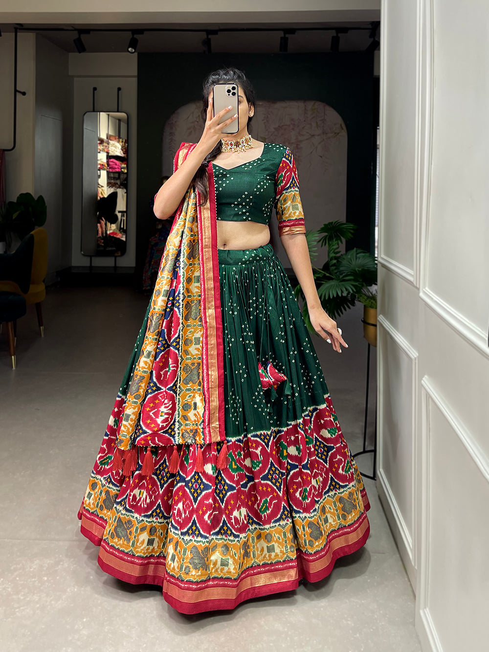 Green Color Patola Print With Foil Work Tussar Silk Lehenga Choli ClothsVilla