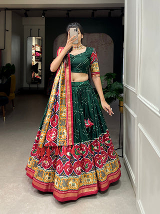 Green Color Patola Print With Foil Work Tussar Silk Lehenga Choli ClothsVilla