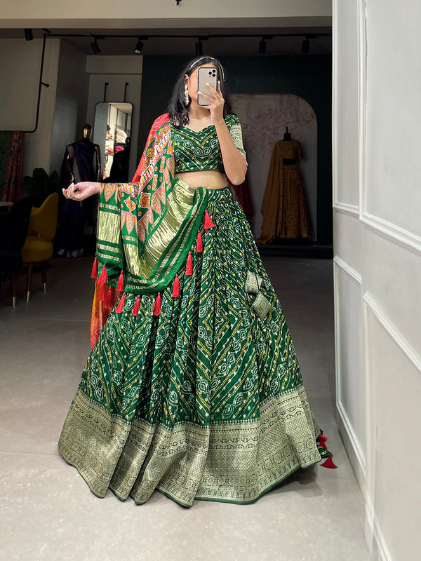 Green Color Printed With Zari Weaving Work Viscose Dola Silk Lehenga Choli Clothsvilla