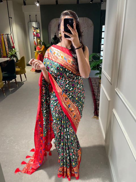 Green Color Patola Paithani Printed with Foil Work Dola Silk Saree Clothsvilla Main image