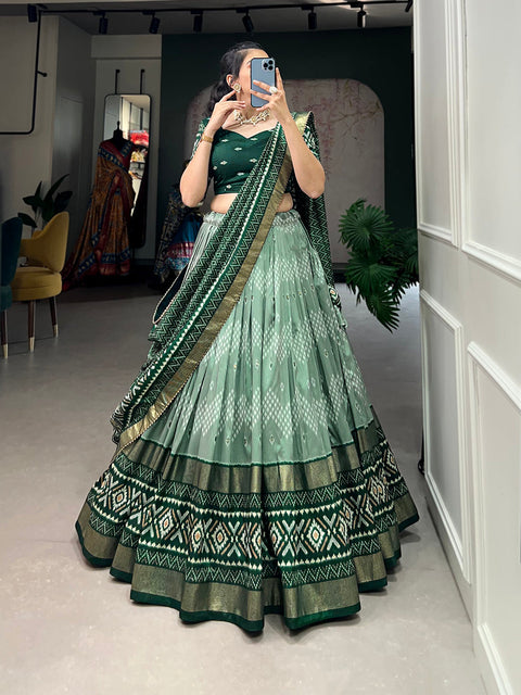 Green Color Dot And Ikkat Print With Foil Work Tussar Silk Lehenga Choli Clothsvilla Main image