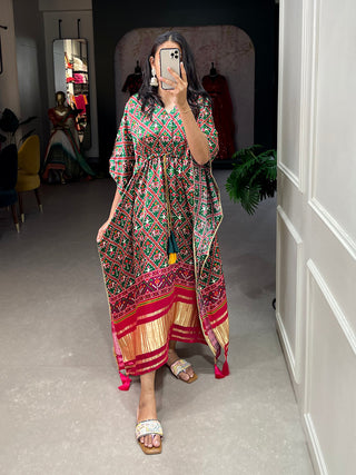 Green Color Ikkat Patola Printed Gaji Silk Kaftan ClothsVilla