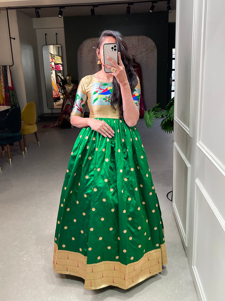 Green Color Weaving Zari Work Jacquard Silk Paithani Gown Clothsvilla