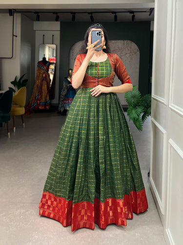 Buy Green Zari Woven Cotton Traditional Gown From Ethnic Plus