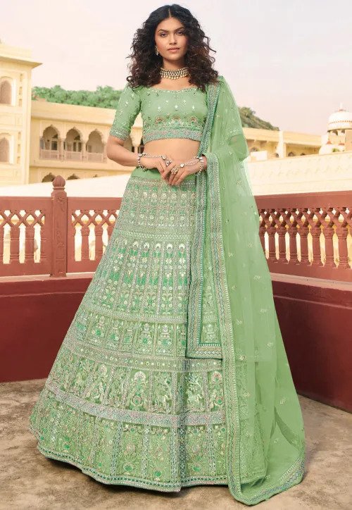 Green Embroidered Organza Indian Wedding Lehenga Clothsvilla