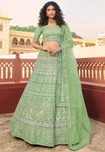 Load image into Gallery viewer, Green Embroidered Organza Indian Wedding Lehenga Clothsvilla