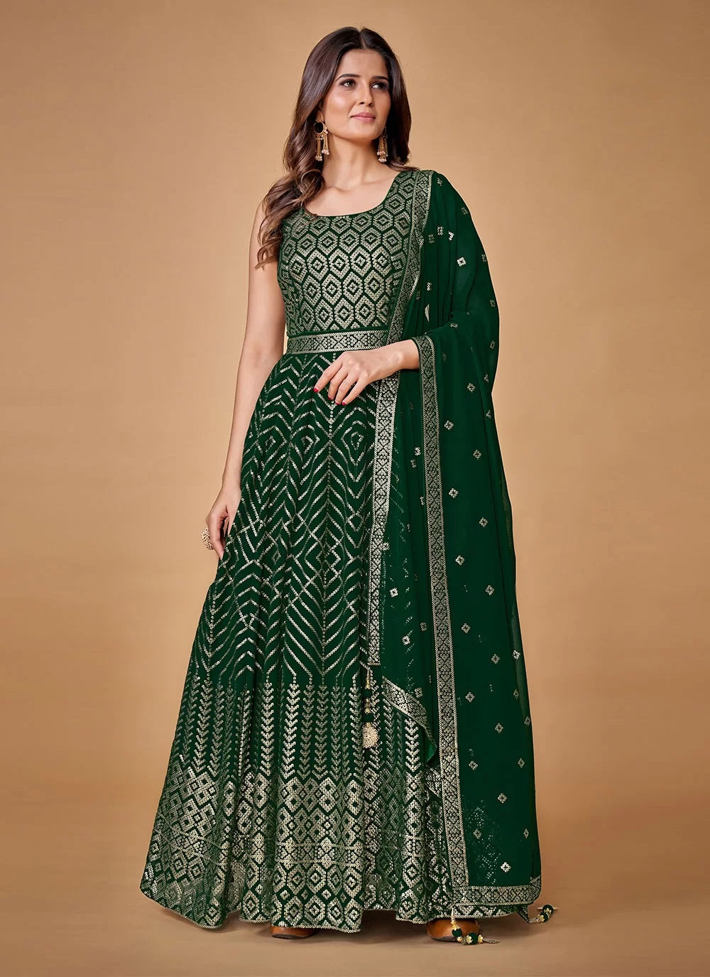 Green Georgette Sequins Work Readymade Gown Clothsvilla
