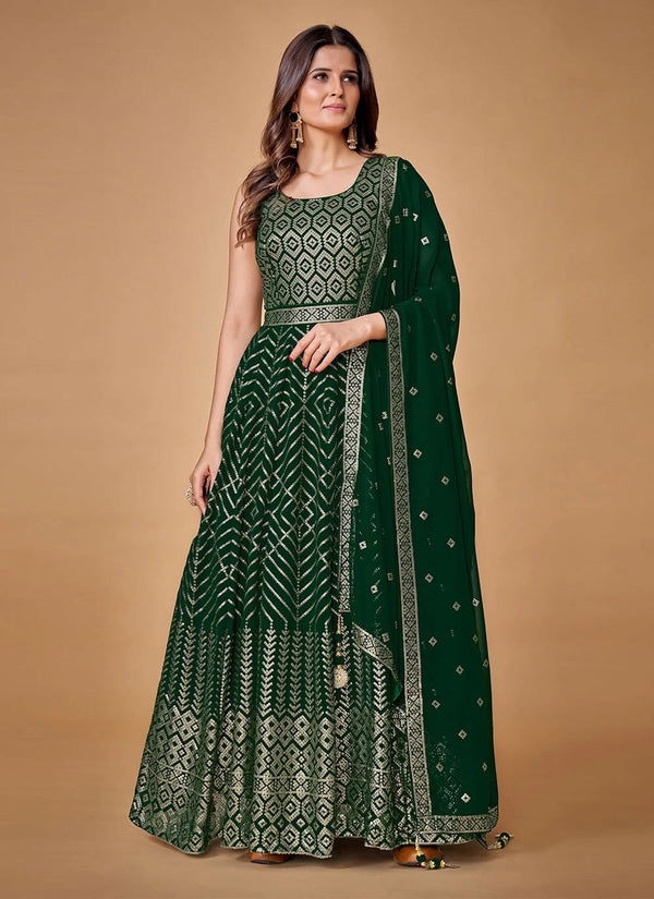 Green Georgette Sequins Work Readymade Gown Clothsvilla