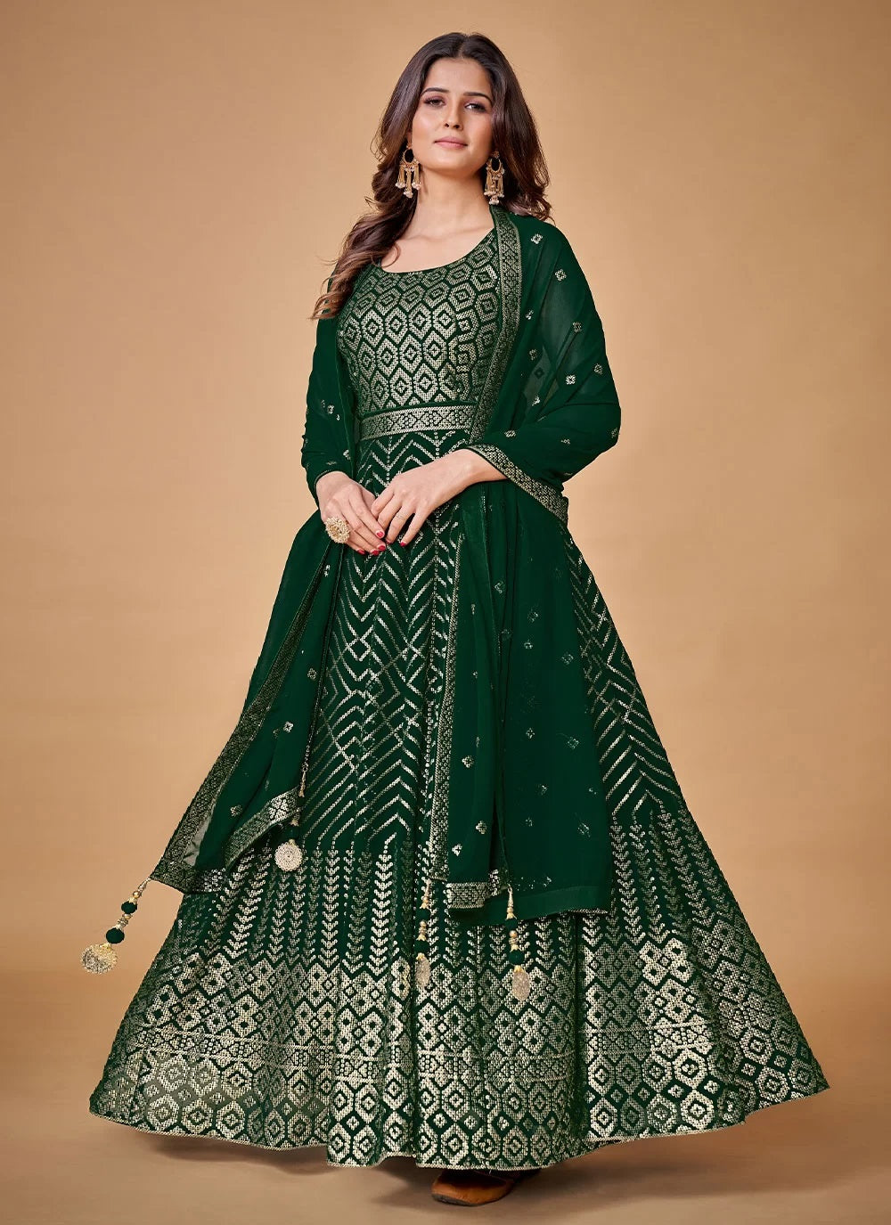 Green Georgette Sequins Work Readymade Gown Clothsvilla Main image