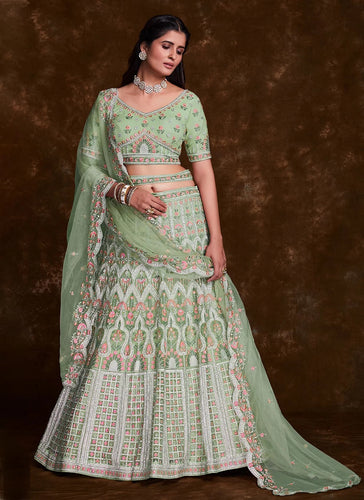 Green Net Zarkan and Thread designer bridal lehenga Clothsvilla
