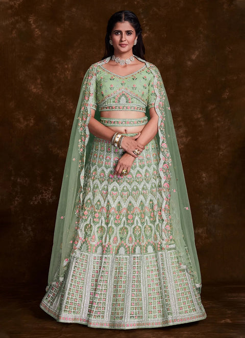 Green Net Zarkan and Thread designer bridal lehenga Clothsvilla Main image