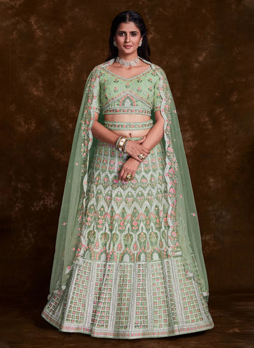 Green Net Zarkan and Thread designer bridal lehenga Clothsvilla